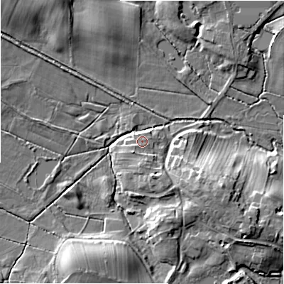 Shaded relief map of the ground around DL117EU, computed from Environment Agency LiDAR. The ground here sits at about 122 m above sea level and falls 15 m across the surrounding 800 m. Surface water reaching this point runs off ground lying to the south, 1.3 m higher.