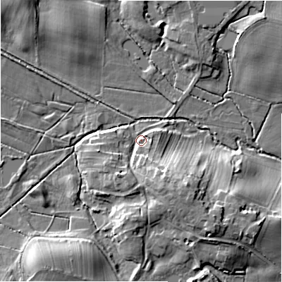 Shaded relief map of the ground around DL117EX, computed from Environment Agency LiDAR. The ground here sits at about 121 m above sea level and falls 15 m across the surrounding 800 m. Surface water reaching this point runs off ground lying to the south-east, 11.7 m higher.