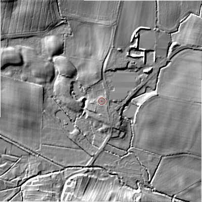 Shaded relief map of the ground around DL117HA, computed from Environment Agency LiDAR. The ground here sits at about 121 m above sea level and falls 13 m across the surrounding 800 m. Surface water reaching this point runs off ground lying to the south-south-east, 1.2 m higher.