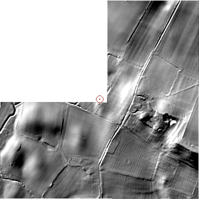 Shaded relief map of the ground around DL117HE, computed from Environment Agency LiDAR. The ground here sits at about 142 m above sea level and falls 43 m across the surrounding 800 m. Surface water reaching this point runs off ground lying to the east, 13.8 m higher.