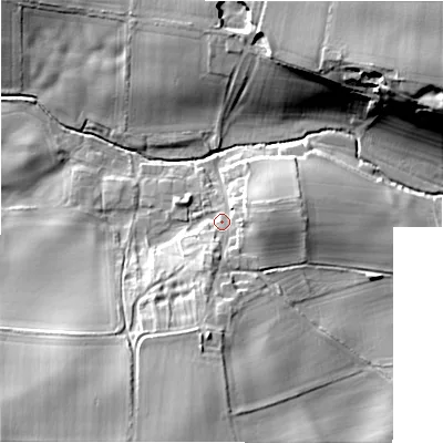 Shaded relief map of the ground around DL117HH, computed from Environment Agency LiDAR. The ground here sits at about 130 m above sea level and falls 25 m across the surrounding 800 m. Surface water reaching this point runs off ground lying to the south-south-west, 6.5 m higher.