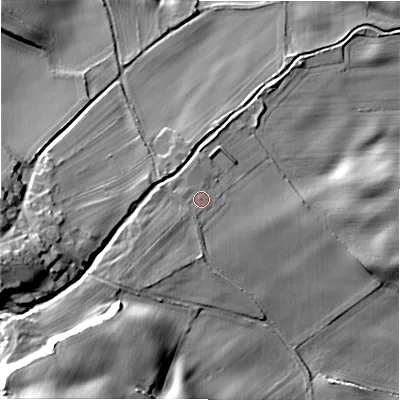 Shaded relief map of the ground around DL117HR, computed from Environment Agency LiDAR. The ground here sits at about 153 m above sea level and falls 37 m across the surrounding 800 m. Surface water reaching this point runs off ground lying to the south-west, 6.6 m higher.