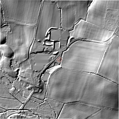 Shaded relief map of the ground around DL117LB, computed from Environment Agency LiDAR. The ground here sits at about 121 m above sea level and falls 19 m across the surrounding 800 m. Surface water reaching this point runs off ground lying to the north-east, 14.4 m higher.