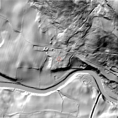 Shaded relief map of the ground around DL117LD, computed from Environment Agency LiDAR. The ground here sits at about 182 m above sea level and falls 171 m across the surrounding 800 m. Surface water reaching this point runs off ground lying to the north-east, 10.2 m higher.