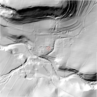 Shaded relief map of the ground around DL117NA, computed from Environment Agency LiDAR. The ground here sits at about 166 m above sea level and falls 119 m across the surrounding 800 m. Surface water reaching this point runs off ground lying to the north, 94.8 m higher.