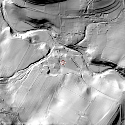 Shaded relief map of the ground around DL117NB, computed from Environment Agency LiDAR. The ground here sits at about 162 m above sea level and falls 131 m across the surrounding 800 m. Surface water reaching this point runs off ground lying to the south-west, 110.2 m higher.