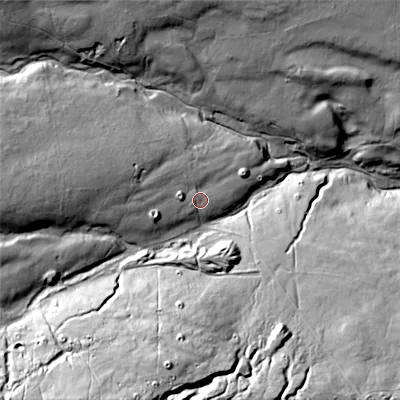 Shaded relief map of the ground around DL117NW, computed from Environment Agency LiDAR. The ground here sits at about 325 m above sea level and falls 83 m across the surrounding 800 m. Surface water reaching this point runs off ground lying to the west, 31.0 m higher.