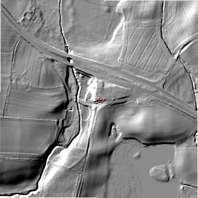 Shaded relief map of the ground around DL117QW, computed from Environment Agency LiDAR. The ground here sits at about 142 m above sea level and falls 23 m across the surrounding 800 m. Surface water reaching this point runs off ground lying to the west-north-west, 3.1 m higher.