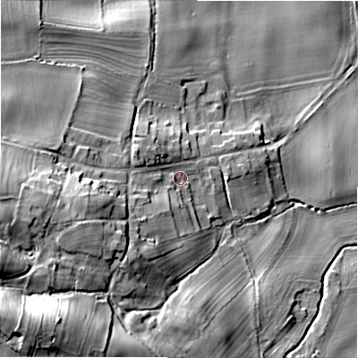 Shaded relief map of the ground around DL117RD, computed from Environment Agency LiDAR. The ground here sits at about 159 m above sea level and falls 40 m across the surrounding 800 m. Surface water reaching this point runs off ground lying to the west-south-west, 18.5 m higher.