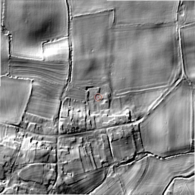 Shaded relief map of the ground around DL117RN, computed from Environment Agency LiDAR. The ground here sits at about 156 m above sea level and falls 31 m across the surrounding 800 m. Surface water reaching this point runs off ground lying to the west-south-west, 12.5 m higher.