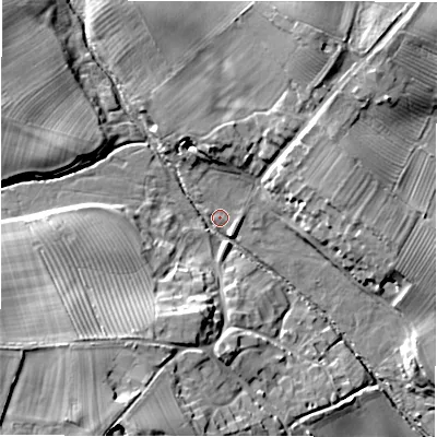 Shaded relief map of the ground around DL117SU, computed from Environment Agency LiDAR. The ground here sits at about 83 m above sea level and falls 17 m across the surrounding 800 m. Surface water reaching this point runs off ground lying to the south-south-west, 13.9 m higher.