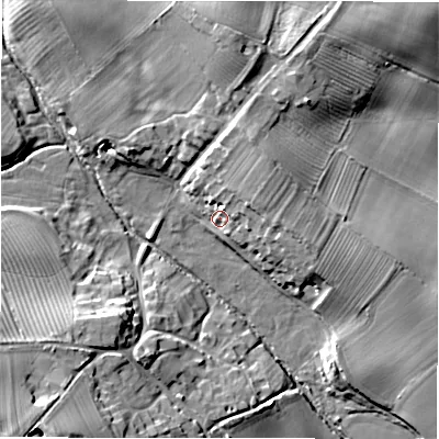 Shaded relief map of the ground around DL117TF, computed from Environment Agency LiDAR. The ground here sits at about 85 m above sea level and falls 17 m across the surrounding 800 m. Surface water reaching this point runs off ground lying to the north-east, 7.8 m higher.