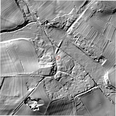 Shaded relief map of the ground around DL117TJ, computed from Environment Agency LiDAR. The ground here sits at about 84 m above sea level and falls 18 m across the surrounding 800 m. Surface water reaching this point runs off ground lying to the south-west, 12.4 m higher.
