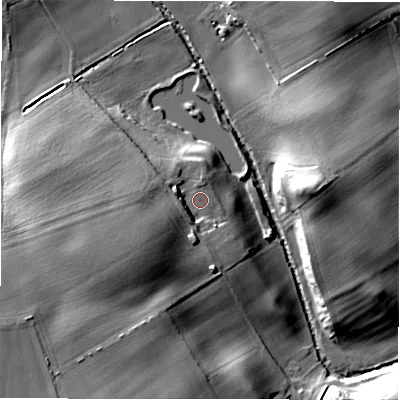 Shaded relief map of the ground around DL117TY, computed from Environment Agency LiDAR. The ground here sits at about 86 m above sea level and falls 21 m across the surrounding 800 m. Surface water reaching this point runs off ground lying to the south-west, 9.5 m higher.