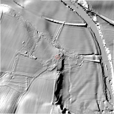 Shaded relief map of the ground around DL117UL, computed from Environment Agency LiDAR. The ground here sits at about 78 m above sea level and falls 30 m across the surrounding 800 m. Surface water reaching this point runs off ground lying to the south-west, 1.9 m higher.