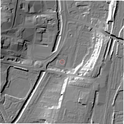 Shaded relief map of the ground around DL11AA, computed from Environment Agency LiDAR. The ground here sits at about 37 m above sea level and falls 18 m across the surrounding 800 m. Surface water reaching this point runs off ground lying to the east-south-east, 13.9 m higher.