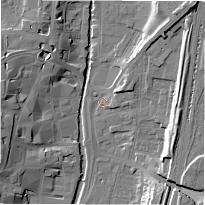 Shaded relief map of the ground around DL11GB, computed from Environment Agency LiDAR. The ground here sits at about 39 m above sea level and falls 21 m across the surrounding 800 m. Surface water reaching this point runs off ground lying to the north-east, 5.6 m higher.