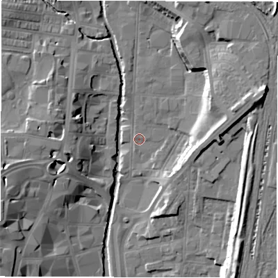 Shaded relief map of the ground around DL11GY, computed from Environment Agency LiDAR. The ground here sits at about 39 m above sea level and falls 20 m across the surrounding 800 m. Surface water reaching this point runs off ground lying to the east-north-east, 16.6 m higher.