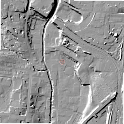 Shaded relief map of the ground around DL11LF, computed from Environment Agency LiDAR. The ground here sits at about 41 m above sea level and falls 21 m across the surrounding 800 m. Surface water reaching this point runs off ground lying to the north-east, 12.1 m higher.