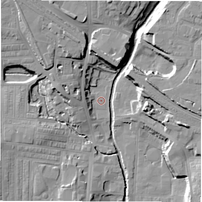 Shaded relief map of the ground around DL11LG, computed from Environment Agency LiDAR. The ground here sits at about 41 m above sea level and falls 17 m across the surrounding 800 m. Surface water reaching this point runs off ground lying to the west-north-west, 8.6 m higher.