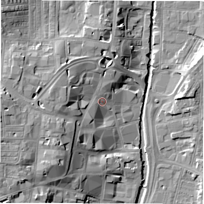 Shaded relief map of the ground around DL11LU, computed from Environment Agency LiDAR. The ground here sits at about 43 m above sea level and falls 19 m across the surrounding 800 m. Surface water reaching this point runs off ground lying to the west, 12.8 m higher.