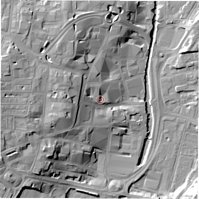 Shaded relief map of the ground around DL11NU, computed from Environment Agency LiDAR. The ground here sits at about 44 m above sea level and falls 20 m across the surrounding 800 m. Surface water reaching this point runs off ground lying to the west, 9.0 m higher.