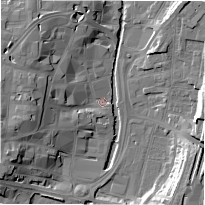 Shaded relief map of the ground around DL11PB, computed from Environment Agency LiDAR. The ground here sits at about 38 m above sea level and falls 18 m across the surrounding 800 m. Surface water reaching this point runs off ground lying to the west, 14.9 m higher.