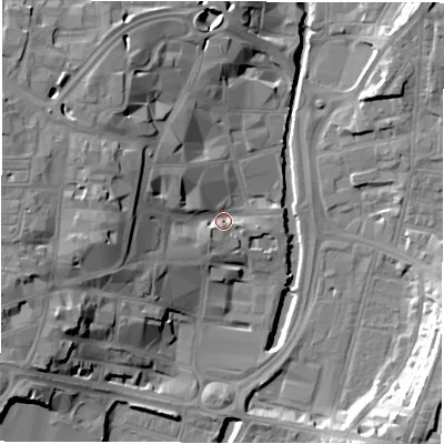 Shaded relief map of the ground around DL11PD, computed from Environment Agency LiDAR. The ground here sits at about 40 m above sea level and falls 19 m across the surrounding 800 m. Surface water reaching this point runs off ground lying to the west-north-west, 13.7 m higher.