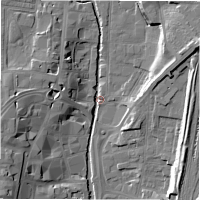 Shaded relief map of the ground around DL11PT, computed from Environment Agency LiDAR. The ground here sits at about 38 m above sea level and falls 19 m across the surrounding 800 m. Surface water reaching this point runs off ground lying to the east-north-east, 18.4 m higher.