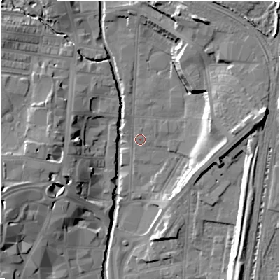 Shaded relief map of the ground around DL11PY, computed from Environment Agency LiDAR. The ground here sits at about 40 m above sea level and falls 20 m across the surrounding 800 m. Surface water reaching this point runs off ground lying to the east-north-east, 16.5 m higher.