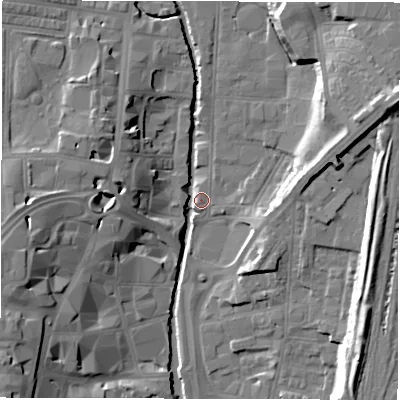 Shaded relief map of the ground around DL11QE, computed from Environment Agency LiDAR. The ground here sits at about 39 m above sea level and falls 20 m across the surrounding 800 m. Surface water reaching this point runs off ground lying to the east-north-east, 17.7 m higher.