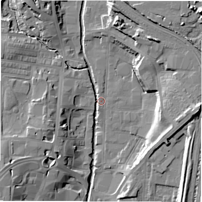 Shaded relief map of the ground around DL11QF, computed from Environment Agency LiDAR. The ground here sits at about 40 m above sea level and falls 22 m across the surrounding 800 m. Surface water reaching this point runs off ground lying to the north-north-east, 15.4 m higher.