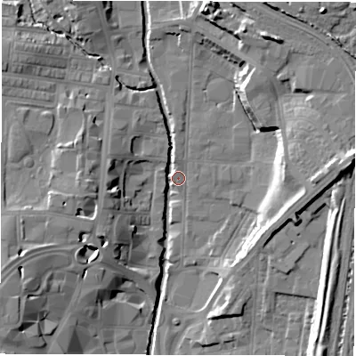 Shaded relief map of the ground around DL11QG, computed from Environment Agency LiDAR. The ground here sits at about 40 m above sea level and falls 19 m across the surrounding 800 m. Surface water reaching this point runs off ground lying to the north, 15.3 m higher.