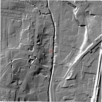 Shaded relief map of the ground around DL11QN, computed from Environment Agency LiDAR. The ground here sits at about 40 m above sea level and falls 18 m across the surrounding 800 m. Surface water reaching this point runs off ground lying to the west-south-west, 13.5 m higher.