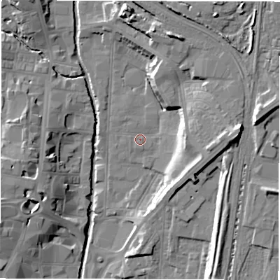 Shaded relief map of the ground around DL11QQ, computed from Environment Agency LiDAR. The ground here sits at about 40 m above sea level and falls 20 m across the surrounding 800 m. Surface water reaching this point runs off ground lying to the east, 15.2 m higher.