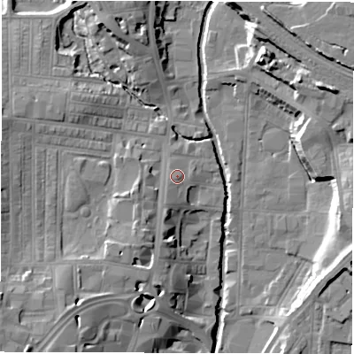 Shaded relief map of the ground around DL11QZ, computed from Environment Agency LiDAR. The ground here sits at about 44 m above sea level and falls 18 m across the surrounding 800 m. Surface water reaching this point runs off ground lying to the south-west, 2.5 m higher.