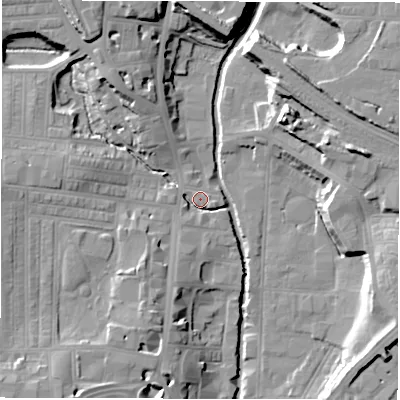Shaded relief map of the ground around DL11RD, computed from Environment Agency LiDAR. The ground here sits at about 41 m above sea level and falls 17 m across the surrounding 800 m. Surface water reaching this point runs off ground lying to the north-west, 13.1 m higher.
