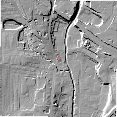 Shaded relief map of the ground around DL11RF, computed from Environment Agency LiDAR. The ground here sits at about 41 m above sea level and falls 17 m across the surrounding 800 m. Surface water reaching this point runs off ground lying to the north-north-west, 13.8 m higher.