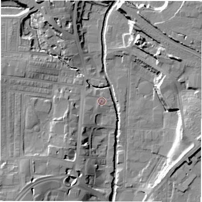 Shaded relief map of the ground around DL11RQ, computed from Environment Agency LiDAR. The ground here sits at about 41 m above sea level and falls 18 m across the surrounding 800 m. Surface water reaching this point runs off ground lying to the south-west, 4.0 m higher.
