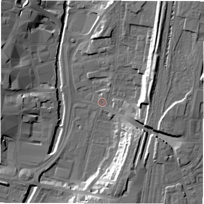 Shaded relief map of the ground around DL11RR, computed from Environment Agency LiDAR. The ground here sits at about 39 m above sea level and falls 18 m across the surrounding 800 m. Surface water reaching this point runs off ground lying to the north-east, 14.2 m higher.
