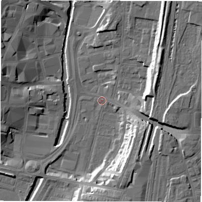 Shaded relief map of the ground around DL11RS, computed from Environment Agency LiDAR. The ground here sits at about 38 m above sea level and falls 18 m across the surrounding 800 m. Surface water reaching this point runs off ground lying to the north-east, 14.9 m higher.