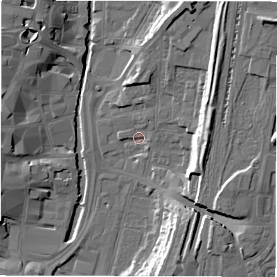 Shaded relief map of the ground around DL11SH, computed from Environment Agency LiDAR. The ground here sits at about 39 m above sea level and falls 18 m across the surrounding 800 m. Surface water reaching this point runs off ground lying to the north-east, 4.0 m higher.