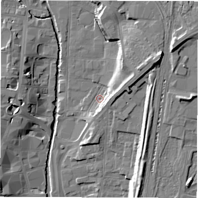 Shaded relief map of the ground around DL11TD, computed from Environment Agency LiDAR. The ground here sits at about 39 m above sea level and falls 20 m across the surrounding 800 m. Surface water reaching this point runs off ground lying to the east-north-east, 10.5 m higher.