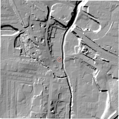Shaded relief map of the ground around DL11TE, computed from Environment Agency LiDAR. The ground here sits at about 41 m above sea level and falls 17 m across the surrounding 800 m. Surface water reaching this point runs off ground lying to the north-west, 14.1 m higher.