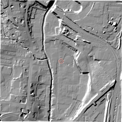 Shaded relief map of the ground around DL11TJ, computed from Environment Agency LiDAR. The ground here sits at about 40 m above sea level and falls 22 m across the surrounding 800 m. Surface water reaching this point runs off ground lying to the north, 1.9 m higher.
