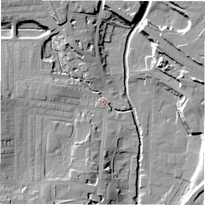 Shaded relief map of the ground around DL11UF, computed from Environment Agency LiDAR. The ground here sits at about 42 m above sea level and falls 17 m across the surrounding 800 m. Surface water reaching this point runs off ground lying to the south-west, 11.4 m higher.