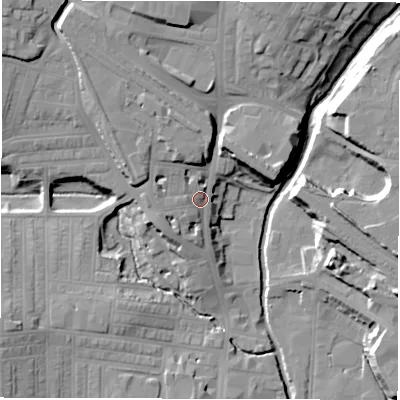 Shaded relief map of the ground around DL11UJ, computed from Environment Agency LiDAR. The ground here sits at about 47 m above sea level and falls 19 m across the surrounding 800 m. Surface water reaching this point runs off ground lying to the north-north-west, 11.3 m higher.