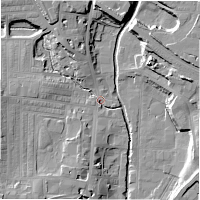 Shaded relief map of the ground around DL11UL, computed from Environment Agency LiDAR. The ground here sits at about 41 m above sea level and falls 17 m across the surrounding 800 m. Surface water reaching this point runs off ground lying to the north-north-west, 13.1 m higher.