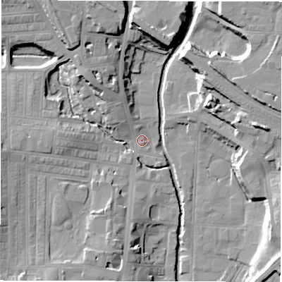Shaded relief map of the ground around DL11UN, computed from Environment Agency LiDAR. The ground here sits at about 41 m above sea level and falls 17 m across the surrounding 800 m. Surface water reaching this point runs off ground lying to the north-north-west, 13.5 m higher.
