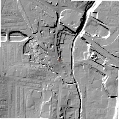 Shaded relief map of the ground around DL11UW, computed from Environment Agency LiDAR. The ground here sits at about 43 m above sea level and falls 17 m across the surrounding 800 m. Surface water reaching this point runs off ground lying to the north-west, 7.9 m higher.